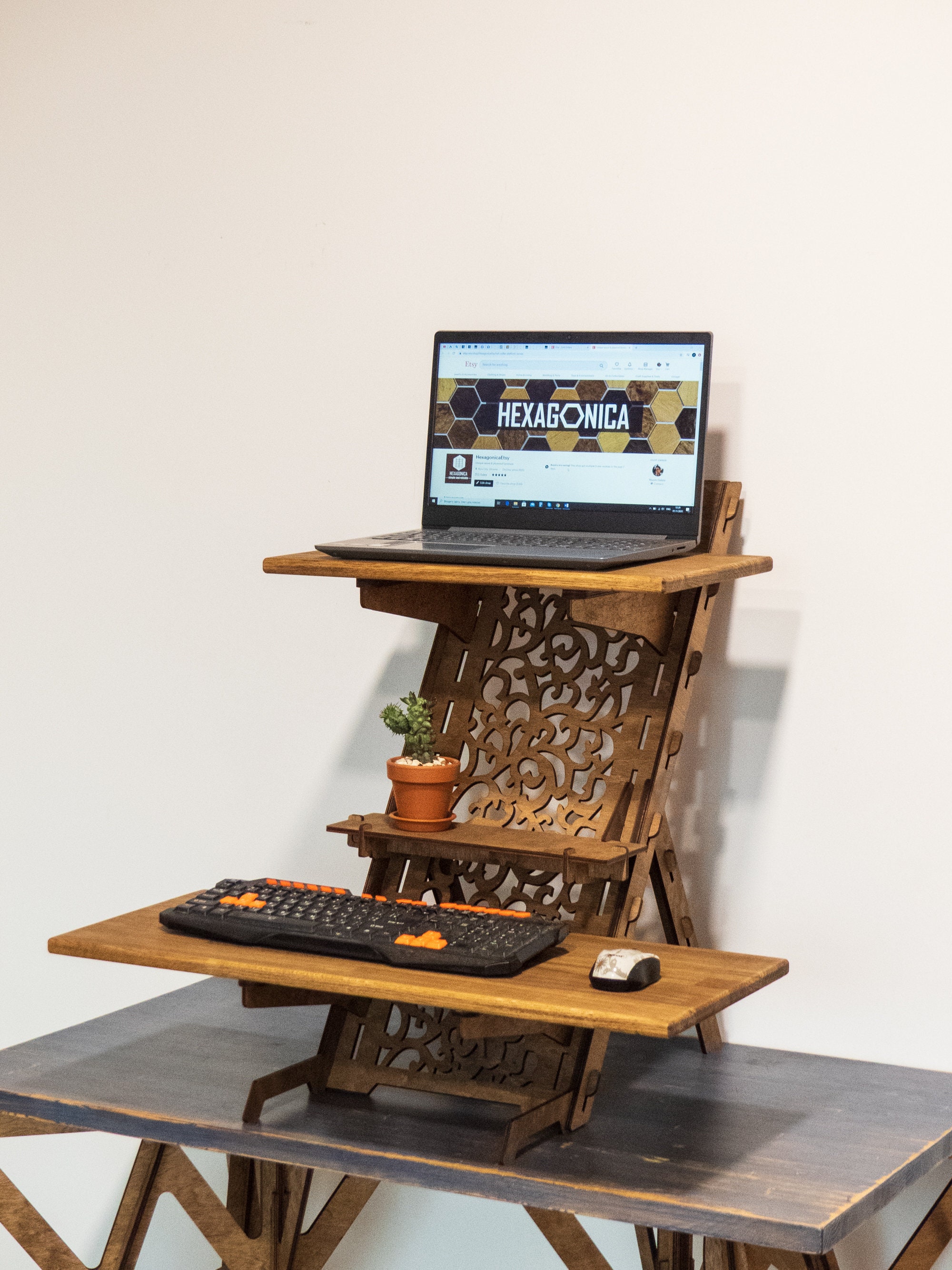 Standing desk Laptop stand Solid Oak Shelves Wood work station Etsy