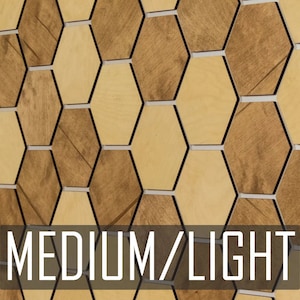 May include: A wall covered in a honeycomb pattern of wood tiles. The tiles are a medium brown color with a light wood grain. The text "MEDIUM/LIGHT" is printed at the bottom of the image.