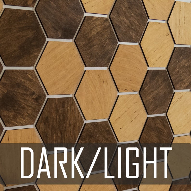 May include: A wall covered in hexagonal tiles made of wood. The tiles alternate between a light wood and a dark wood, creating a pattern of dark and light.