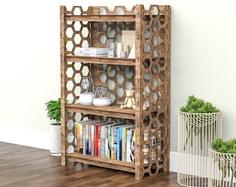 Honeycomb Wooden Bookshelf: Adjustable Shelves, Modern Bookcase (29.5"w 15"d)