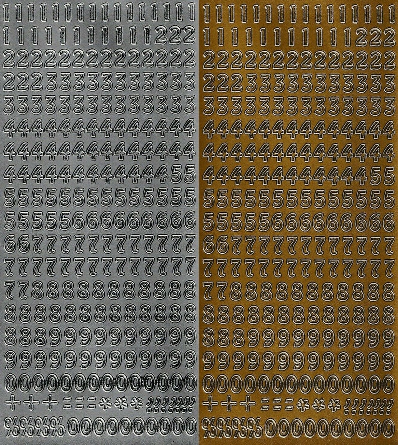 May include: Two sheets of silver and gold self-adhesive number stickers. The stickers are arranged in rows of numbers 1 through 0, plus, minus, equals, asterisk, and percent signs.