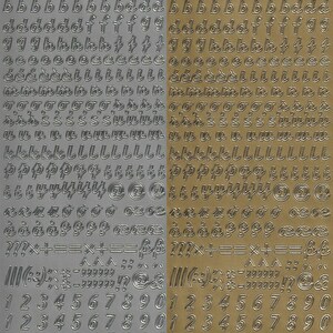 May include: Two sheets of silver and gold alphabet stickers with uppercase letters, numbers, and symbols. The letters are in a stylized font.