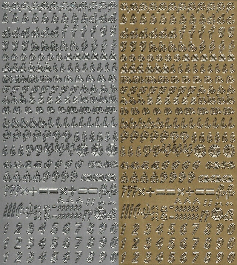 May include: Two sheets of silver and gold alphabet stickers with uppercase letters, numbers, and symbols. The letters are in a stylized font.
