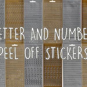 May include: Sheets of gold and silver peel-off stickers with letters and numbers.  The stickers are arranged in rows and columns.  The text on the sheets reads "LETTER AND NUMBER PEEL OFF STICKERS".