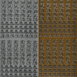 May include: Two sheets of silver and gold self-adhesive numbers and letters. The numbers include 18, 21, 25, 30, 40, 50, 70, 75, and 80. The letters include "th" and "st".