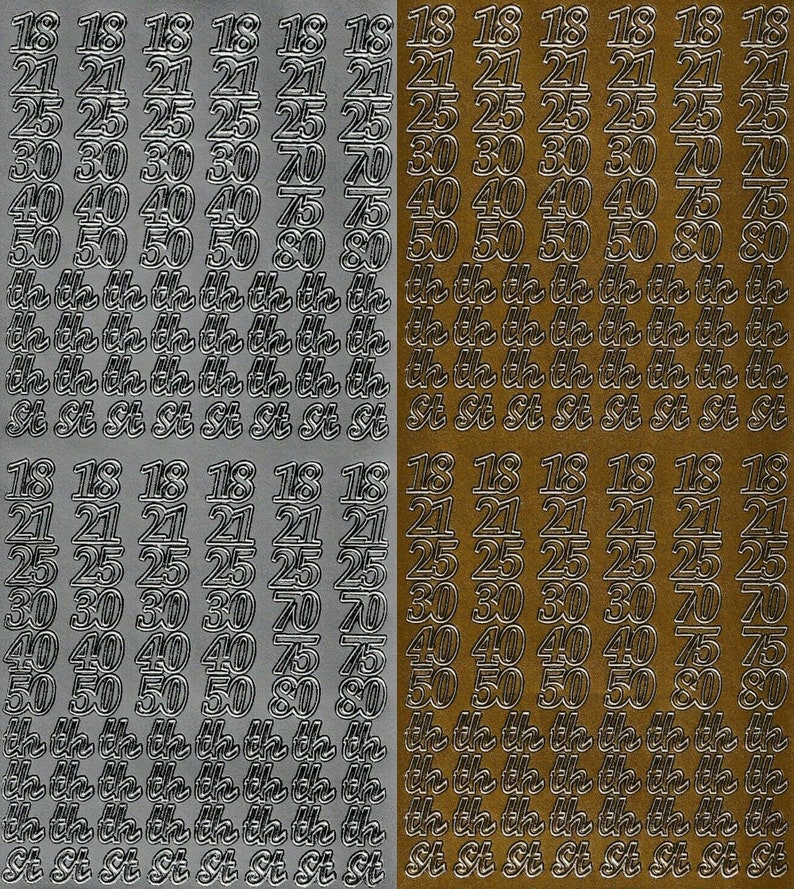 May include: Two sheets of silver and gold self-adhesive numbers and letters. The numbers include 18, 21, 25, 30, 40, 50, 70, 75, and 80. The letters include "th" and "st".