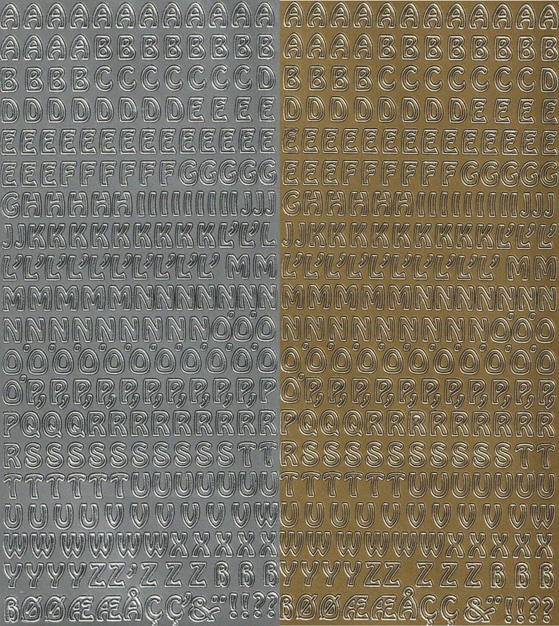 May include: Two sheets of silver and gold alphabet stickers. The stickers are in a bold, outlined font. The letters are arranged in alphabetical order.