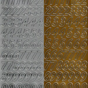 May include: Two sheets of self-adhesive numbers, one silver and one gold. Each sheet has numbers 1 through 0 in a bold, outlined font.