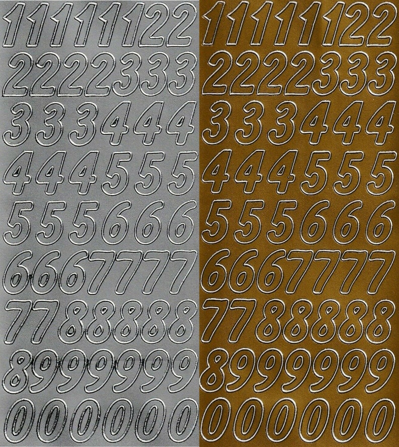 May include: Two sheets of self-adhesive numbers, one silver and one gold. Each sheet has numbers 1 through 0 in a bold, outlined font.