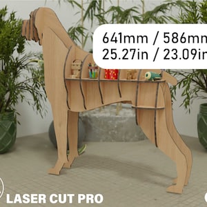 May include: A wooden dog-shaped shelf, 25.27 inches long and 23.09 inches tall, with multiple shelves for display. The shelf is filled with small toys and pencils. The text "LASER CUT PRO" is at the bottom.