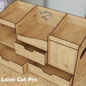 Laser Cut Wooden Desktop Organizer Storage Box With Drawer CDR File svg ai vector plan laser cnc pattern laser cut model template