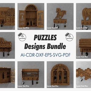 May include: A selection of laser-cut wooden key holders in diverse designs, such as a house, horses, a bear, and a honeycomb pattern. The key holders are brown and feature decorative cutouts and key hooks. The text "PUZZLES Designs Bundle" is also visible.