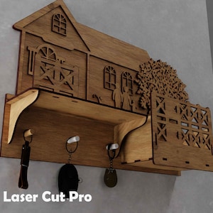 RUSTICO Supporto per posta a parete Portachiavi in legno File tagliati al laser Organizer con 7 ganci a doppia chiave e una mensola galleggiante Arredamento rustico per la casa