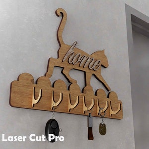 Portachiavi per parete Laser cut file cat Home Design / Organizzatore decorativo da parete in legno per chiavi con 6 Hook / portachiavi a parete File laser