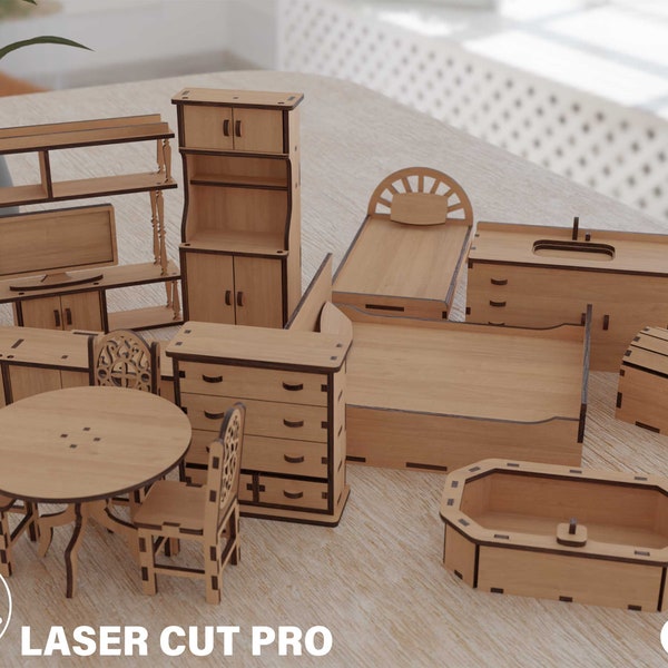 Wooden Dollhouse Furniture and Accessories Set - 21pcs Laser Cut Files - Play Furniture Toys for Boys, Girls, and Toddlers