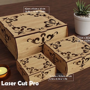 Conjunto de 3 archivos de caja cortados con láser SVG DXF / Plantilla de almacenamiento anidada con volutas ornamentadas / Patrón de caja de recuerdo de regalo de joyería de madera / Digital