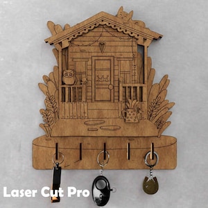 Portachiavi da parete File tagliato al laser Design della casa / Organizer decorativo da parete in legno per chiavi con 5 ganci File tagliati al laser