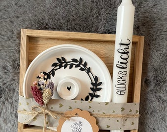 Candle plate, gift set, candle with message, birthday gift, souvenir, Christmas gift, box, gift, candle holder, diy