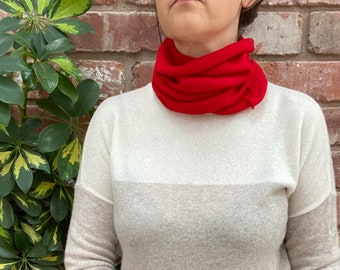 Handmade red lined Neck warmer,Hand print beetle Snood infinity scarf,Unisex neck warmer,Hose scarf,Zero waste Up cycled fabric,gift