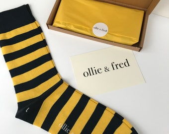 Bee stripe socks, great gift for bee lovers, sports fans and Mancunians. Made in UK