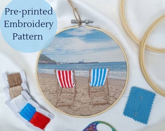 Beach embroidery pattern, beach scene hand embroidery designs, pre printed embroidery fabric, Scarborough seaside embroidery pattern