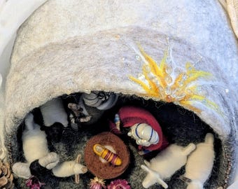 Felted Wool Cave Nativity Stable | Handmade Waldorf Inspired Grotto | Embroidered Wool Cave with Gemstones | Nature Table Decor