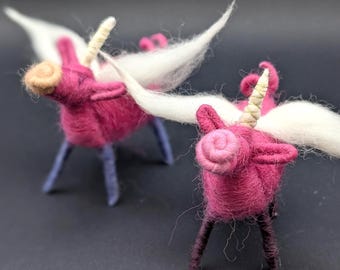 Flying Pegasus Uni-Pig, leading edge of mystical evolution, handmade needle felted and wool wrapped, natural sheep wool