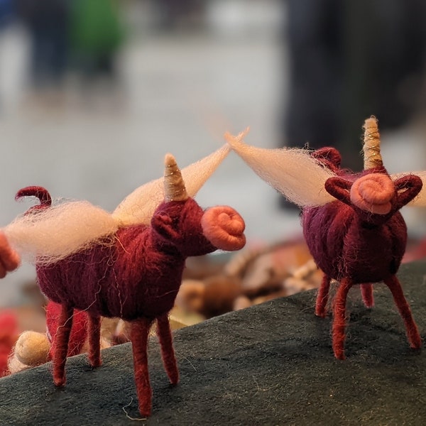 Flying Pegasus Uni-Pig, special creation for good luck, pink and magenta wool, unique gift idea, handmade needle felted and wool wrapped