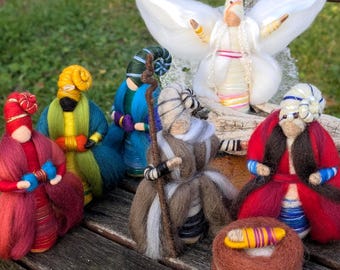 Handmade vibrant Wool Nativity Scene, Waldorf Three Wise Men & Angel Felt Set, Christmas Decor