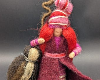 Needle felted wool witch with broom in red and pink colors, Christmas witch, slow handmade wool art figurine, eco friendly handcraft