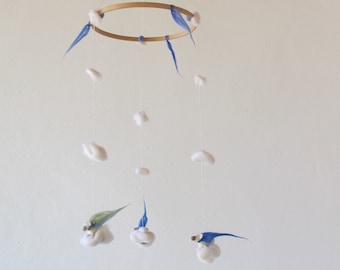 3 lamb Mobile wooden hoop, blues with clouds, hand made felted craft, mother, newborn with pearl, eco-friendly dream