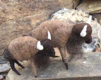 Needle Felted Buffalo Family, Set of 2, Natural Wool Fiber Art, Waldorf Inspired