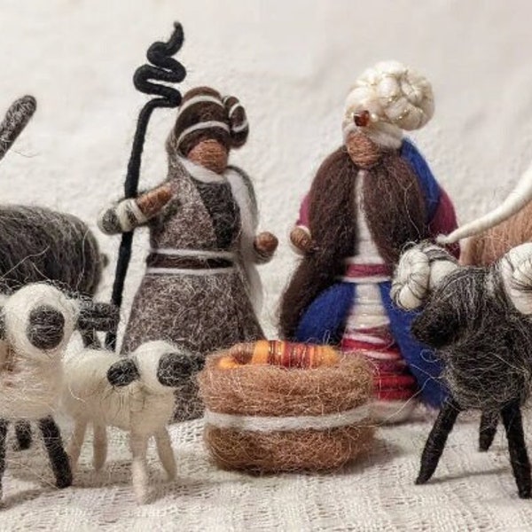 8 piece Nativity Set with brown skin, including Mary, Joseph, Baby Jesus, Ox, Donkey, Sheep & Shepherd, optional Dromedary and Angel