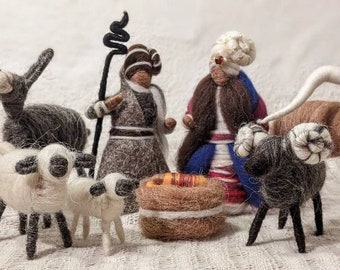 8 piece Nativity Set with brown skin, including Mary, Joseph, Baby Jesus, Ox, Donkey, Sheep & Shepherd, optional Dromedary and Angel