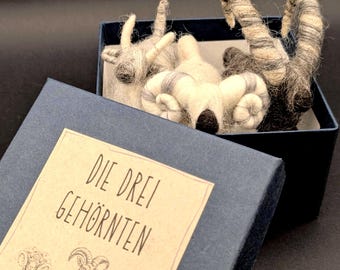 Set of 3 horned ones, goat, ram and mountain goat, eco-friendly, Waldorf fiber art, handmade, one of a kind, nativity, natural wool