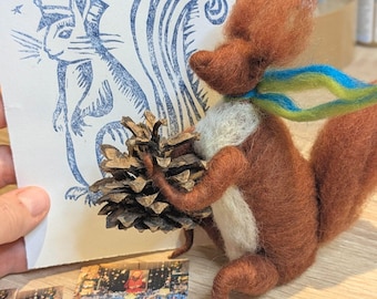 Squirrel with pine cone plus lino print greeting card, Waldorf-inspired wool animal, handmade, mountain sheep wool