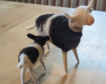 Miniature needle felted and wool wrapped black and white cow and baby set, eco friendly wool wool figurine  handmade nativity scene Taurus