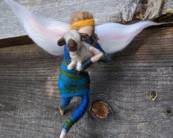 Wool fairy green and blue, ballerina figurine with wings, handmade,  Natural eco-friendly wool baby mobile, Waldorf inspired doll