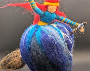 Blue witch with red hair, wool wrapped and needle felted, witch mobile, unique Christmas, natural eco-friendly wool creation, red and white