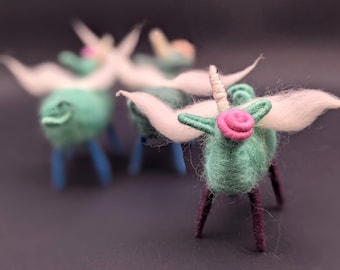 Flying Pegasus Uni-Pig, leading edge of mystical evolution, handmade needle felted and wool wrapped, natural sheep wool