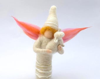 Winter dwarf with wings and lamb, handmade wool figurine, eco friendly handcraft, needle felt wool fiber art