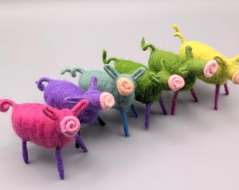 Rainbow disco pigs, creations for good luck, merino wool, unique gift idea, handmade needle felted and wool wrapped