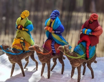 Handmade Waldorf Three Wise Men Nativity Scene with Dromedary Camels, Natural Wool Deluxe Set
