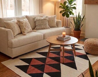 Handwoven Wool Area Rug, Cream Black Red Geometric Rug, Boho Living Room Rug, 100% Wool Flatweave, Modern Bohemian, Custom Size Available