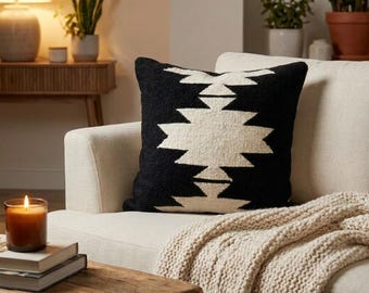 Handwoven Wool Cushion Cover, Black Cream Geometric Pillow Cover, Boho Throw Pillow, Handmade Decorative Pillow, Aztec Pattern, Boho Living