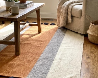 Handwoven Wool Area Rug, 100% Egyptian Wool Flatweave, Brown Cream Striped Rug, Boho Living Room, Minimalist Decor, Custom Size Available