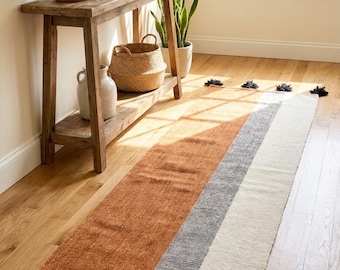 Handwoven Wool Area Rug, 100% Egyptian Wool Flatweave, Brown Cream Striped Rug, Boho Living Room, Minimalist Decor, Custom Size Available