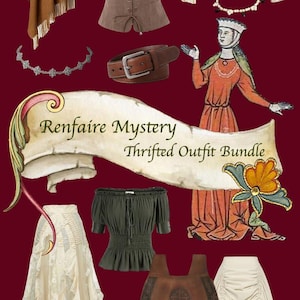 Op de afbeelding: Een collage van kleding en accessoires met een Renaissance-thema. Bevat een bruin korset, een crèmekleurige blouse, rokken, een sjaal, een riem, sieraden en een leren tas. De tekst "Renfaire Mystery Thrifted Outfit Bundle" staat op een rol.
