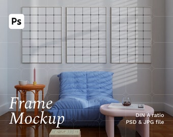 Three Frames Mockup. Set of 3 Mock Up. 3 Posters Mockup. Print On Demand. Frame on The Wall. Minimal Vertical Silver Frame. Natural Shadow.