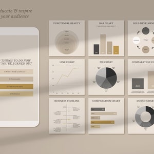 May include: A digital mockup of a phone screen with a list of four things to do when you are burned out. The list includes: Water, Community, Exercise you enjoy, and Meditation. The phone screen is surrounded by nine different chart designs, including a line chart, pie chart, bar chart, donut chart, and comparison charts. The charts are in shades of gray, black, and gold.